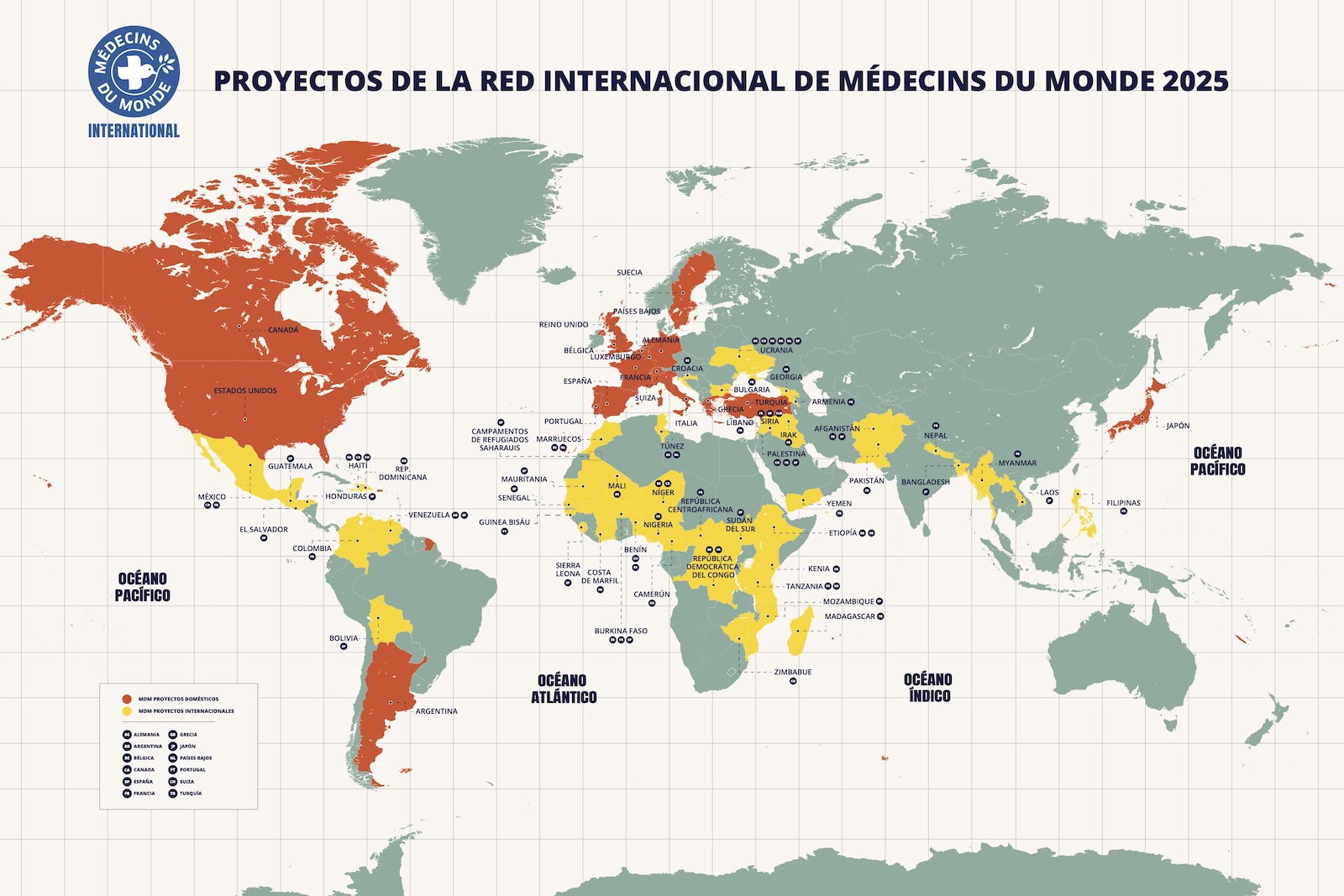 Países en los que trabaja la Red Internacional de Médicos del Mundo. Países en los que trabaja la Red Internacional de Médicos del Mundo.